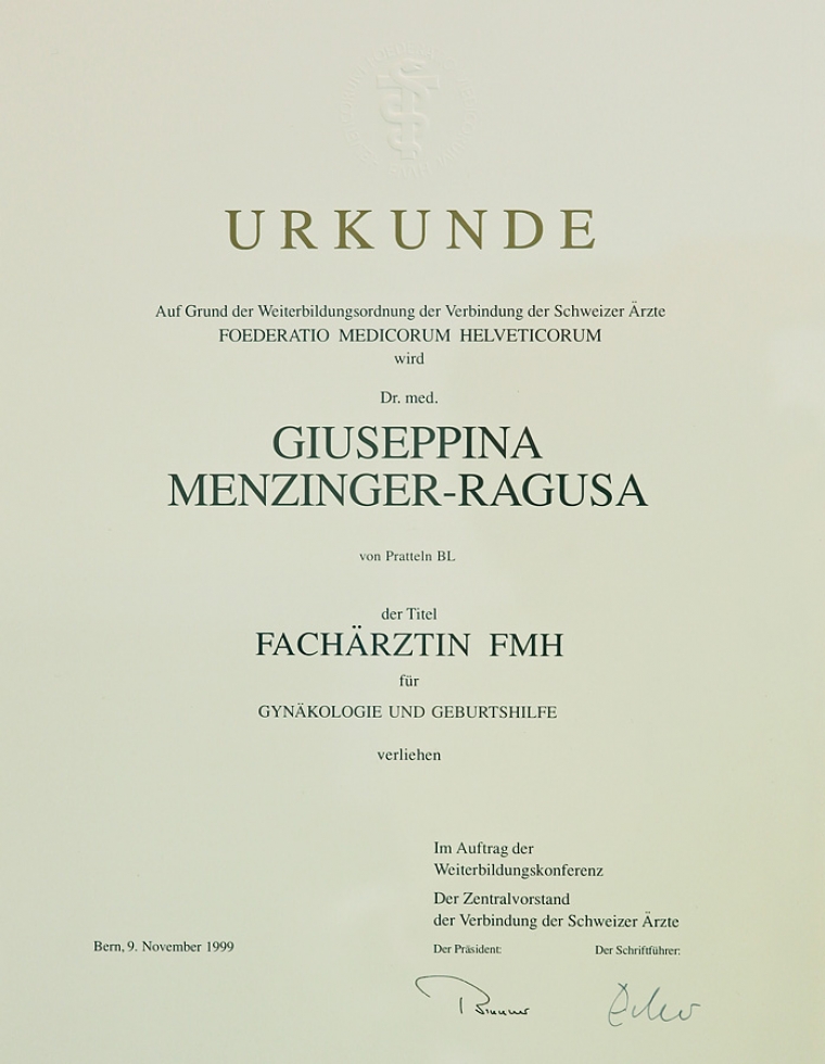 nachweis | dr. med. giuseppina menzinger-ragusa | frauenärzte am werk | Rheinfelden (CH)