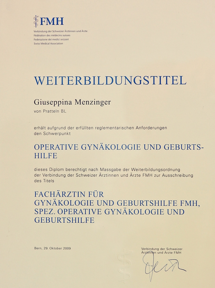 nachweis | dr. med. giuseppina menzinger-ragusa | frauenärzte am werk | Rheinfelden (CH)